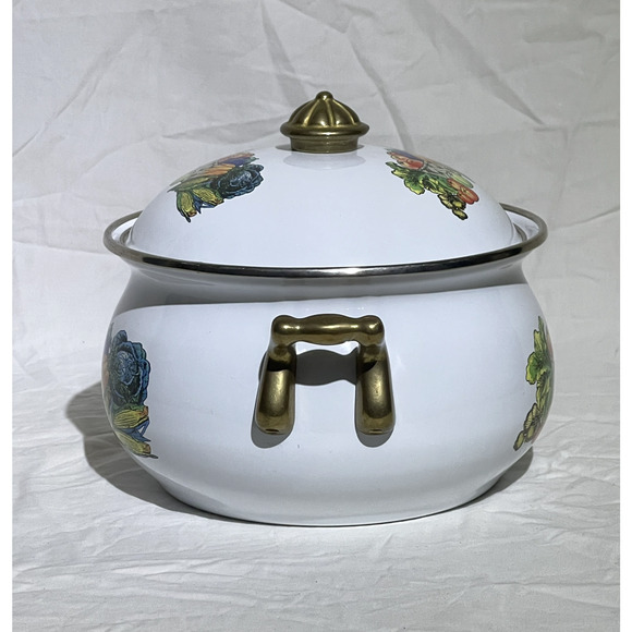 Vintage Garden Harvest Enamel Stockpot with Lid Brass Handles 7 Inch Grannycore - Picture 2 of 9